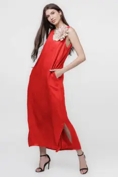 Rochie lunga A-line din in, fara maneci, rosie imagine