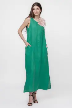 Rochie lunga A-line din in, fara maneci, verde imagine