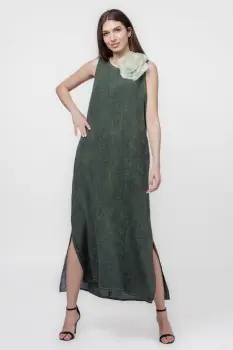 Rochie lunga A-line din in, fara maneci, verde kaki prespalat imagine