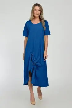 Rochie lunga A-line din in mercerizat cu siret la poale, albastra imagine