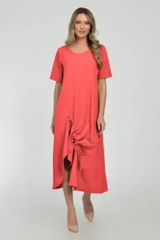 Rochie lunga A-line din in mercerizat cu siret la poale, corai imagine