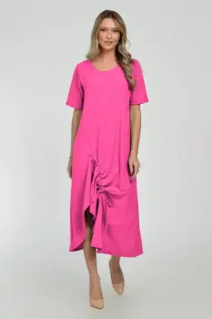 Rochie lunga A-line din in mercerizat cu siret la poale, fucsia imagine