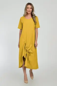 Rochie lunga A-line din in mercerizat cu siret la poale, galben mustar imagine