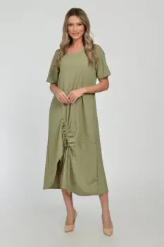 Rochie lunga A-line din in mercerizat cu siret la poale, kaki deschis imagine