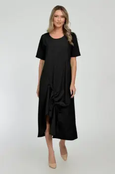 Rochie lunga A-line din in mercerizat cu siret la poale, neagra imagine