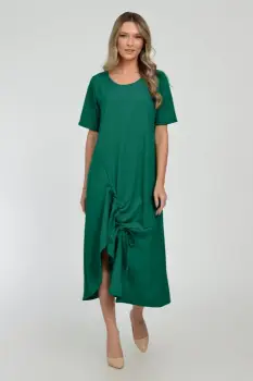 Rochie lunga A-line din in mercerizat cu siret la poale, verde inchis imagine