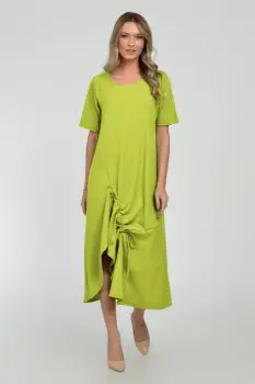 Rochie lunga A-line din in mercerizat cu siret la poale, verde lime imagine