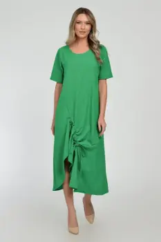 Rochie lunga A-line din in mercerizat cu siret la poale, verde smarald imagine