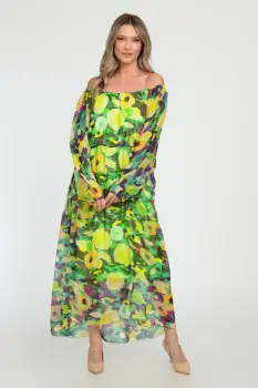 Rochie lunga A-line, din matase naturala cu imprimeu vibrant in nunate de verde si galben imagine