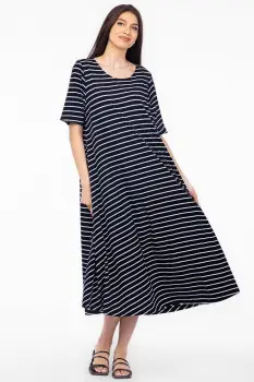 Rochie lunga A-line, din tricot de bumbac, cu dungi albe pe fond bleumarin imagine