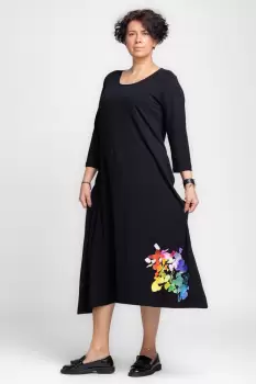 Rochie lunga A-line din tricot de bumbac neagra cu imprimeu petale imagine