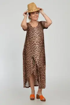 Rochie lunga A-line din tricot de vascoza cu siret la poale, imprimeu animal print imagine