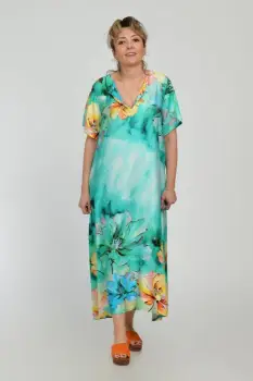 Rochie lunga A-line din vascoza cu matase, cu imprimeu floral pictural pe fond turcoaz imagine