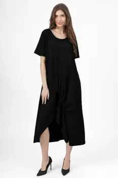 Rochie lunga A-line neagra, din tricot de bumbac cu siret la poale imagine