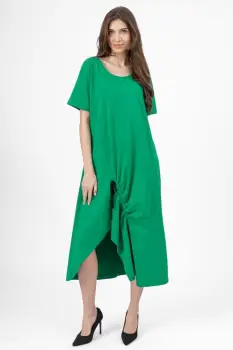 Rochie lunga A-line verde, din tricot de bumbac cu siret la poale imagine