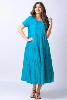 Rochie lunga albastru azur cu patru volane imagine