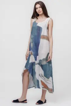 Rochie lunga asimetrica A-line din in cu snur pe fata si imprimeu pictural imagine