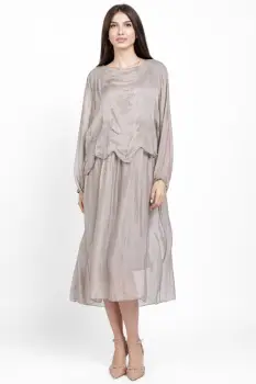 Rochie lunga bej, cu broderie florala si bordura, din matase naturala imagine