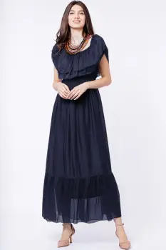 Rochie lunga, bleumarin, din matase naturala, cu volan pe umeri imagine