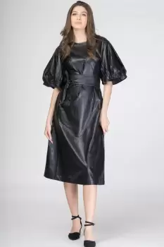 Rochie lunga cambrata din piele ecologica cu maneci bufante imagine