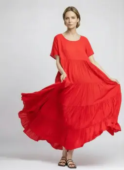 Rochie lunga, croi amplu cu patru volane, stil boem elegant, corai imagine