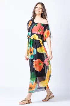 Rochie lunga, cu imprimeu floral multicolor pe fond negru, din matase naturala imagine
