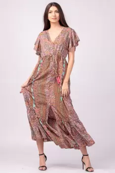 Rochie lunga cu volan si imprimeu floral, din matase indiana in nuante de roz imagine