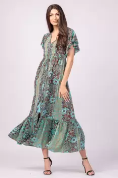 Rochie lunga cu volan si imprimeu floral, din matase indiana turcoaz- maro imagine