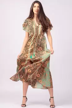 Rochie lunga cu volan si imprimeu floral, din matase indiana verde menta - portocaliu imagine