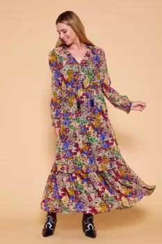 Rochie lunga cu volane si imprimeu floral in nuante de toamna imagine