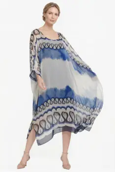 Rochie lunga dama din matase vaporoasa, croi lejer oversize tip kaftan, imprimeu artistic in nuante de albastru si bej imagine