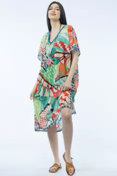 Rochie lunga de plaja tip poncho cu motive florale multicolore stilizate imagine