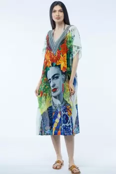 Rochie lunga de plaja tip poncho cu motive florale si Frida Kahlo imagine