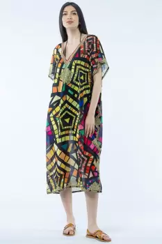 Rochie lunga de plaja tip poncho cu motive geometrice pe fond negru imagine