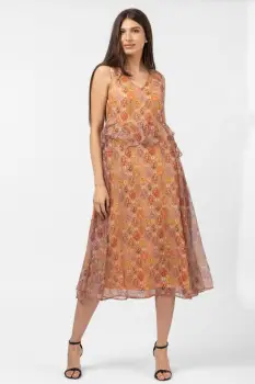 Rochie lunga diafana, orange, cu imprimeu oriental imagine