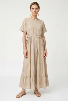 Rochie lunga din batist de bumbac cu talie subliniata, bej imagine