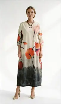 Rochie lunga din bumbac, cu imprimeu artistic cu maci rosii si croi lejer elegant imagine