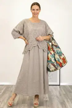 Rochie lunga din bumbac cu suprapunere, broderie perforata si croi lejer boem, bej inchis imagine