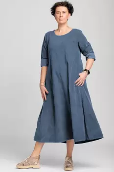 Rochie lunga din catifea reiata, A-line, albastru jeans imagine