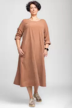 Rochie lunga din catifea reiata, A-line, bej imagine