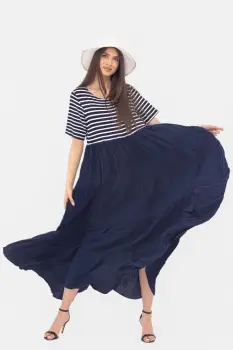 Rochie lunga din doua materiale ,cu dungi albe si volane bleumarin imagine