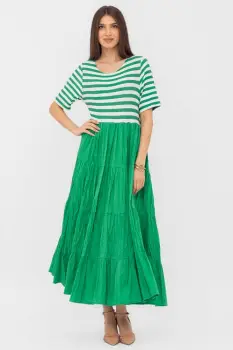 Rochie lunga din doua materiale ,cu dungi albe si volane, verde imagine