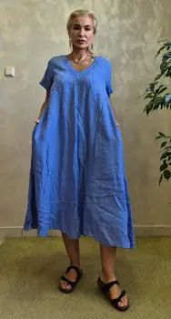 Rochie lunga din in A-line cu decolteu in V si croiala lejera, albastru lavanda imagine