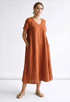 Rochie lunga din in A-line cu decolteu in V si croiala lejera, caramizie imagine