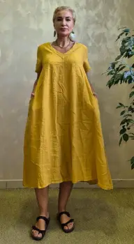 Rochie lunga din in A-line cu decolteu in V si croiala lejera, galben mustar imagine