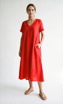Rochie lunga din in A-line cu decolteu in V si croiala lejera, rosie imagine