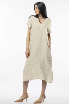 Rochie lunga din in cu funda pe spate, bej imagine