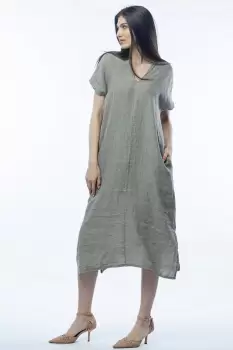 Rochie lunga din in cu funda pe spate,bej inchis imagine