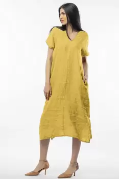 Rochie lunga din in cu funda pe spate, galbena imagine