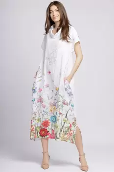 Rochie lunga din in cu guler intors si imprimeu pictural floral pe fond alb imagine